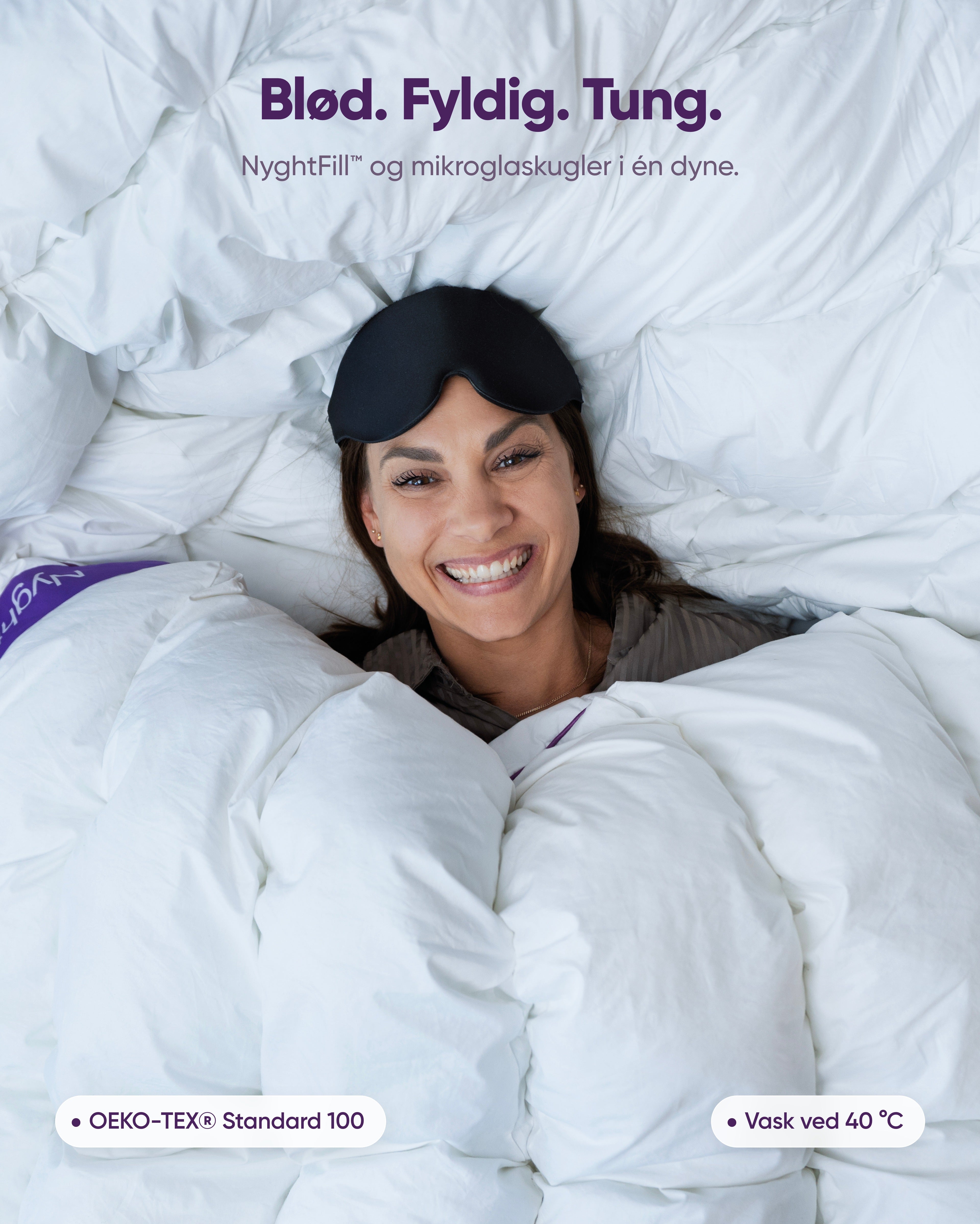 Kvinde med sovemaske i Hybridduvet – blød, fyldig og tung