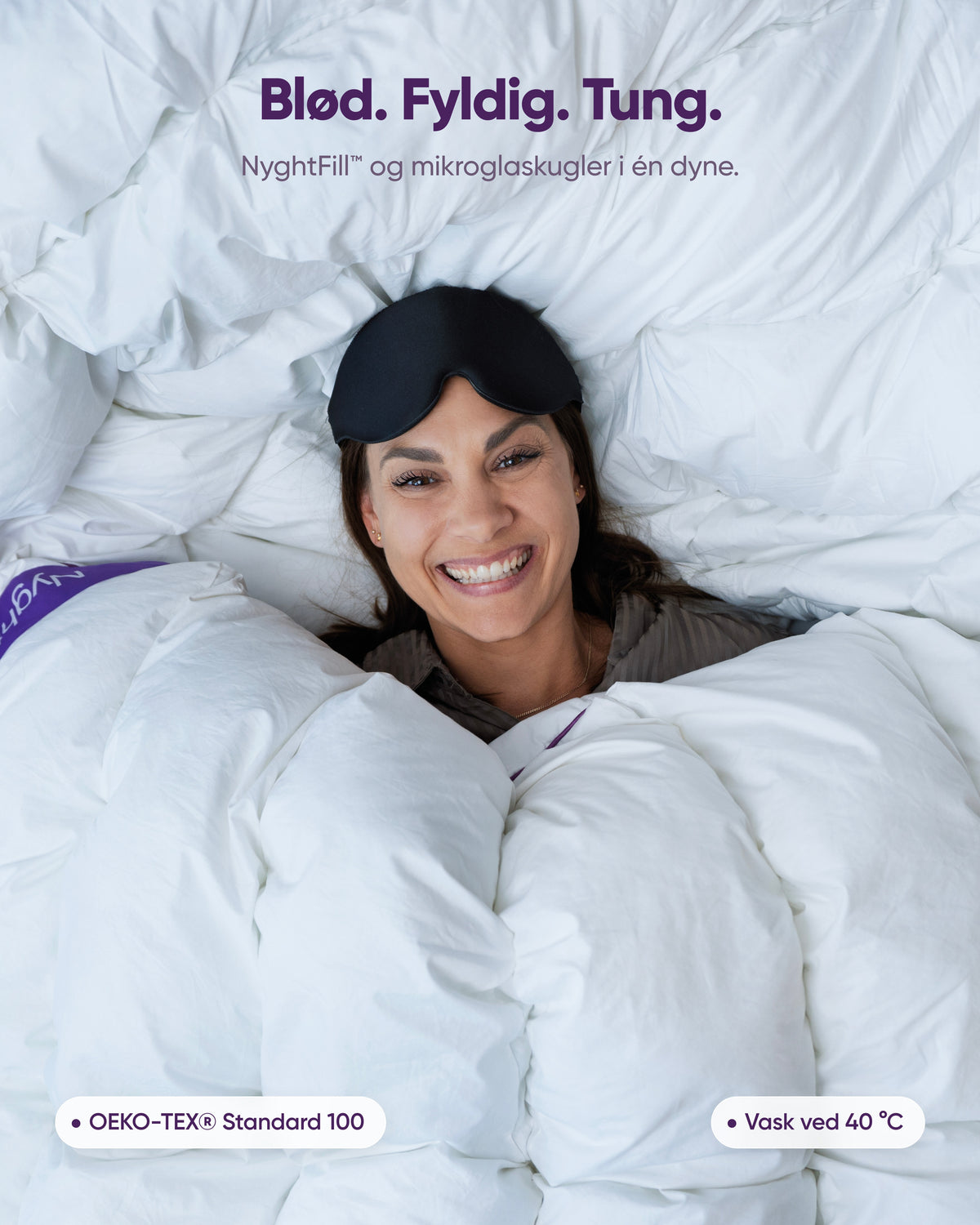 Kvinde med sovemaske i Hybridduvet – blød, fyldig og tung